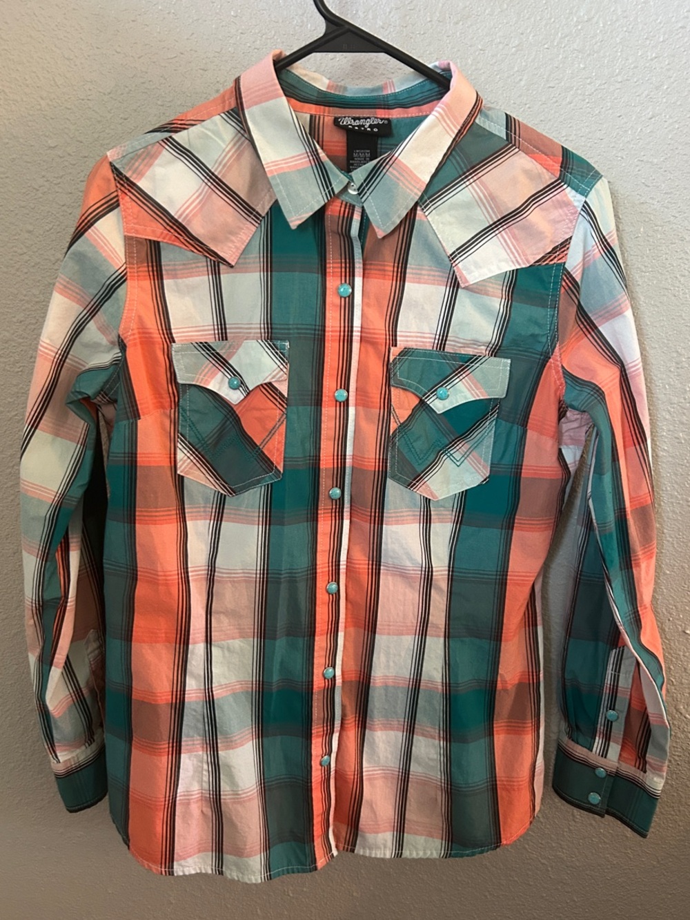 Wrangler Teal and Coral Plaid Western Button-Down Shirt